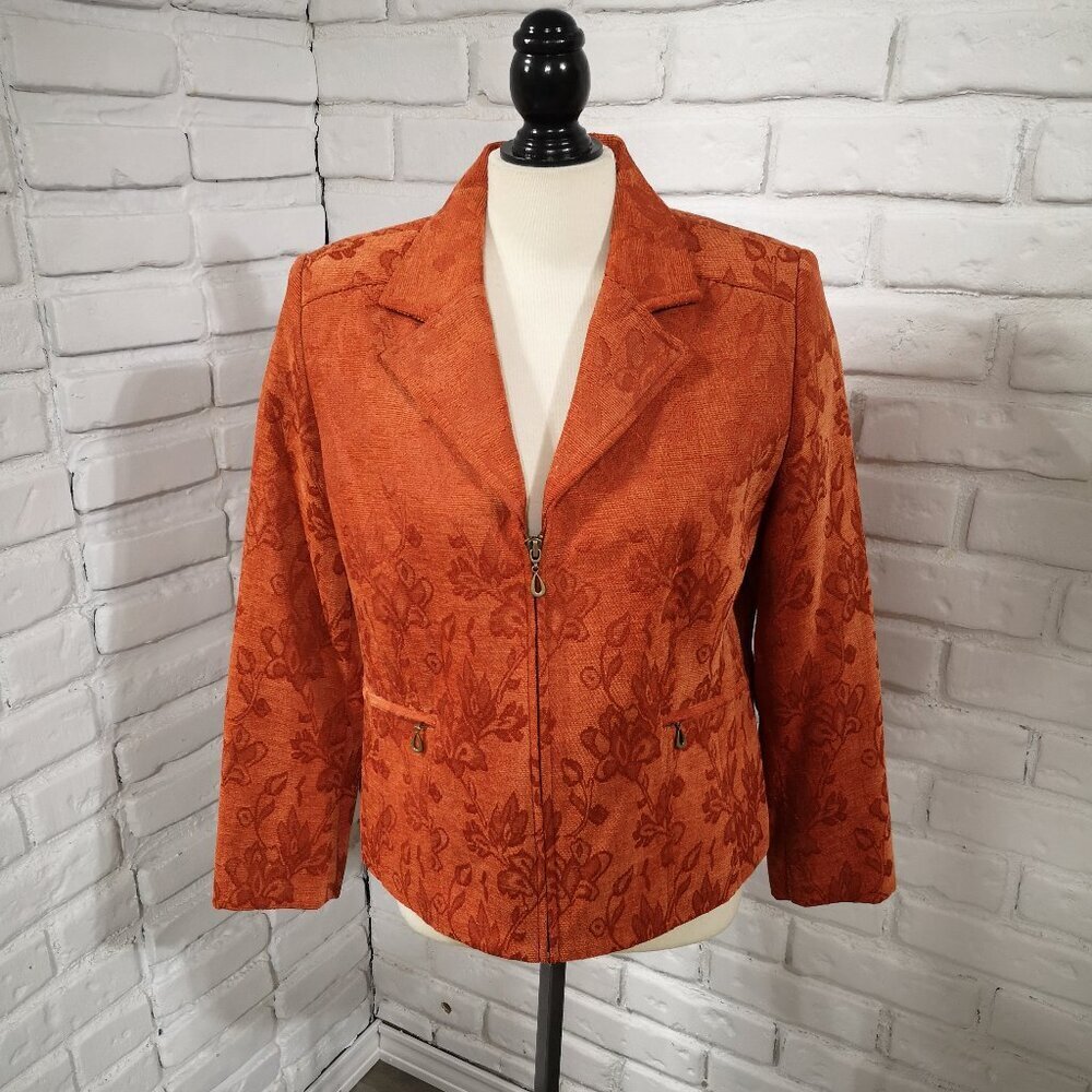 TanJay Petites Ladies Size 10P Burnt Orange Velvet Floral Tapestry Look Blazer